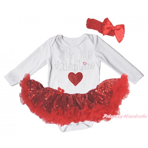 Valentine's Day White Long Sleeve Bodysuit Bling Red Sequins Pettiskirt & Sparkle Rhinestone My 1st Valentine Red Heart Print JS5001