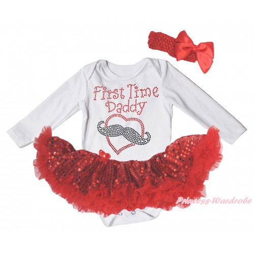 White Long Sleeve Bodysuit Bling Red Sequins Pettiskirt & Sparkle Rhinestone First Time Daddy Print JS5002