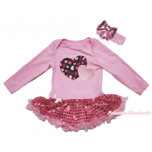 Valentine's Day Light Pink Long Sleeve Bodysuit Bling Sequins Pettiskirt & Light Pink Sweet Twin Heart Print JS5007
