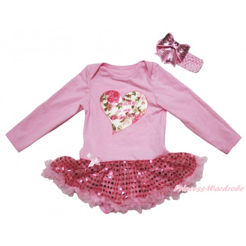 Valentine's Day Light Pink Long Sleeve Bodysuit Bling Sequins Pettiskirt & Daddy Is My Valentine Rose Heart Print JS5011