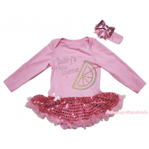 Light Pink Long Sleeve Bodysuit Bling Sequins Pettiskirt & Sparkle Rhinestone Daddy's Main Squeeze Print JS5014