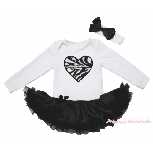 Valentine's Day White Long Sleeve Bodysuit Black Satin Pettiskirt & Zebra Heart Print JS5015