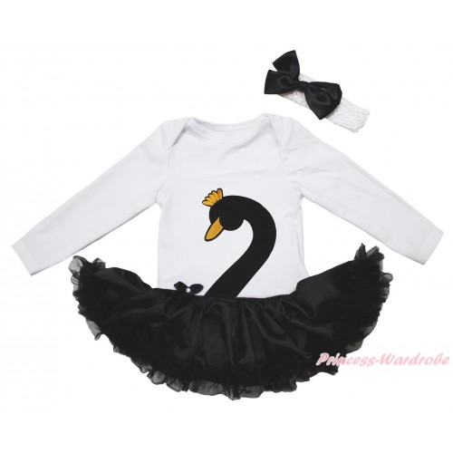 White Long Sleeve Bodysuit Black Satin Pettiskirt & Black Swan Print JS5018