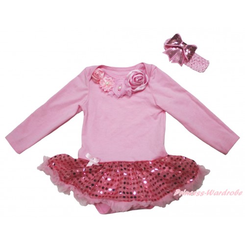 Light Pink Long Sleeve Bodysuit Bling Sequins Pettiskirt & Light Pink Vintage Garden Rosettes Lacing JS5020