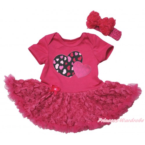 Valentine's Day Hot Pink Baby Bodysuit Hot Pink Rose Pettiskirt & Hot Pink Sweet Twin Heart Print JS5512