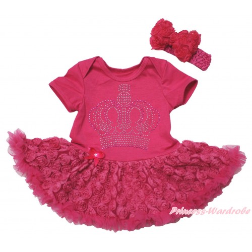 Hot Pink Baby Bodysuit Hot Pink Rose Pettiskirt & Sparkle Rhinestone Crown Print JS5513