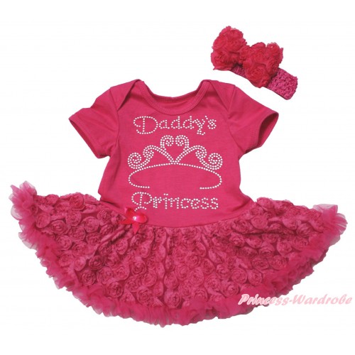 Valentine's Day Hot Pink Baby Bodysuit Hot Pink Rose Pettiskirt & Sparkle Rhinestone Daddy's Princess Print JS5515