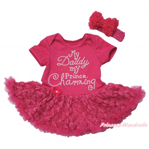 Valentine's Day Hot Pink Baby Bodysuit Hot Pink Rose Pettiskirt & Sparkle Rhinestone My Daddy Is My Prince Charming Print JS5516