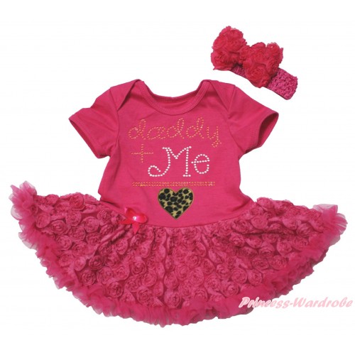 Valentine's Day Hot Pink Baby Bodysuit Hot Pink Rose Pettiskirt & My Daddy Plus Me Is Leopard Heart Print JS5517