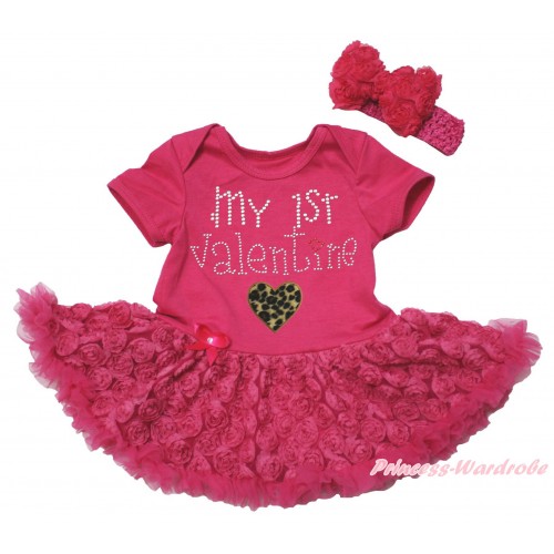 Valentine's Day Hot Pink Baby Bodysuit Hot Pink Rose Pettiskirt & Sparkle Rhinestone My 1st Valentine Leopard Heart Print JS5519