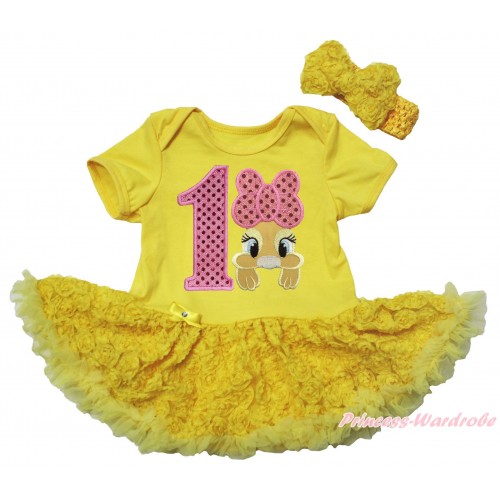 Easter Yellow Baby Bodysuit Yellow Rose Pettiskirt & 1st Sparkle Light Pink Birthday Number Pink Bow Bunny Rabbit Print JS5524