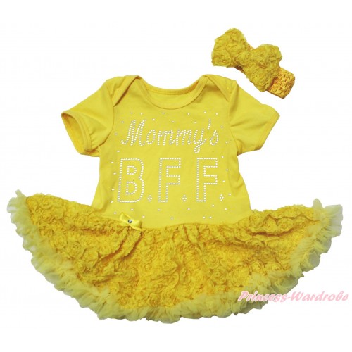 Mother's Day Yellow Baby Bodysuit Yellow Rose Pettiskirt & Sparkle Rhinestone Mommy's BFF Print JS5525