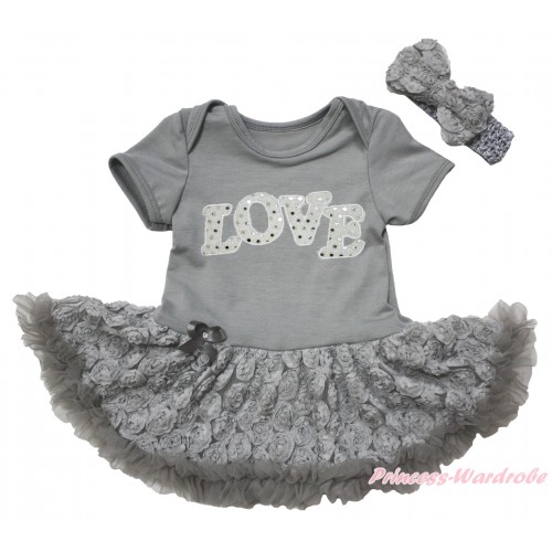 Grey Baby Bodysuit Grey Rose Pettiskirt & Sparkle White LOVE Print JS5530
