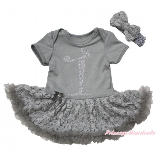 Grey Baby Bodysuit Grey Rose Pettiskirt & 1st Sparkle Rhinestone Birthday Number Print JS5532
