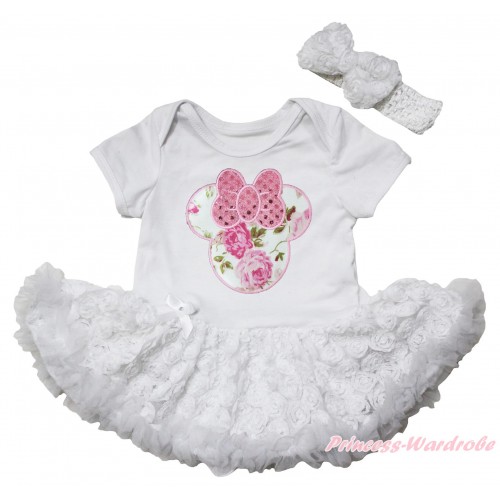 White Baby Bodysuit White Rose Pettiskirt & Sparkle Light Pink Rose Minnie Print JS5536