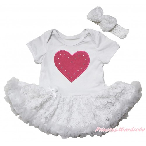 White Baby Bodysuit White Rose Pettiskirt & Hot Pink Heart Print JS5537