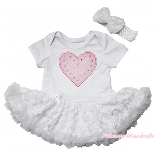 White Baby Bodysuit White Rose Pettiskirt & Light Pink Heart Print JS5538