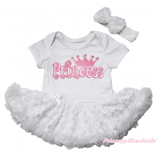 White Baby Bodysuit White Rose Pettiskirt & Princess Print JS5539