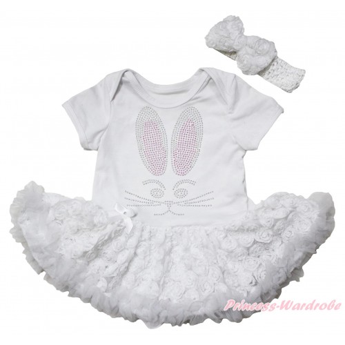 Easter White Baby Bodysuit White Rose Pettiskirt & Sparkle Rhinestone Bunny Rabbit Print JS5543