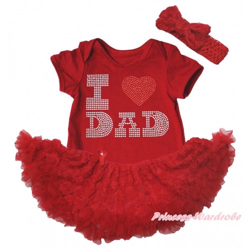 Red Baby Bodysuit Red Rose Pettiskirt & Sparkle Rhinestone I Love Dad Print JS5551