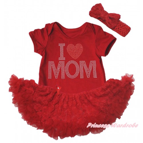Red Baby Bodysuit Red Rose Pettiskirt & Sparkle Rhinestone I Love Mom Print JS5552