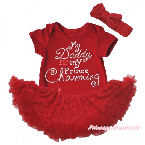 Red Baby Bodysuit Red Rose Pettiskirt & Sparkle Rhinestone Daddy Is My Prince Charming Print JS5553