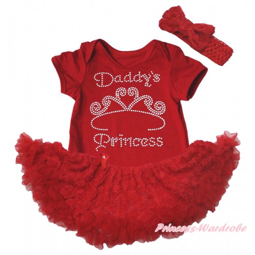 Red Baby Bodysuit Red Rose Pettiskirt & Sparkle Rhinestone Daddy's Princess Print JS5554