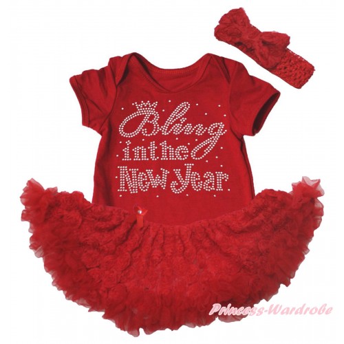 Red Baby Bodysuit Red Rose Pettiskirt & Sparkle Rhinestone Bling In The New Year Print JS5555