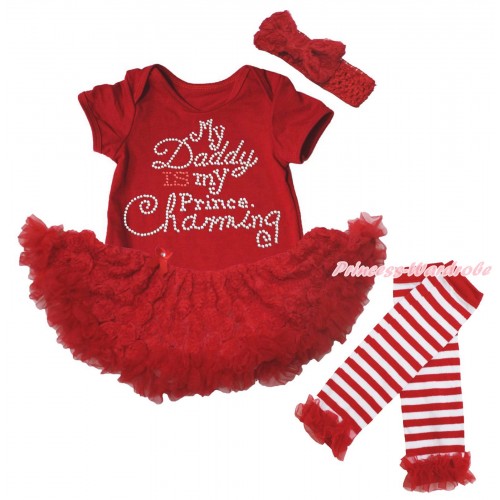 Red Baby Bodysuit Red Pettiskirt & Sparkle Rhinestone Daddy Is My Prince Charming Print & Warmers Leggings JS5556