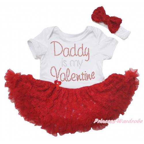 White Baby Bodysuit Red Rose Pettiskirt & Sparkle Rhinestone Daddy Is My Valentine Print JS5563