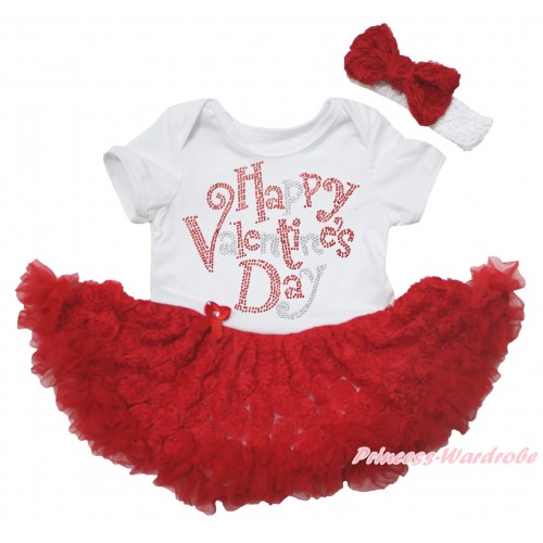 White Baby Bodysuit Red Rose Pettiskirt & Sparkle Rhinestone Happy Valentine's Day Print JS5564