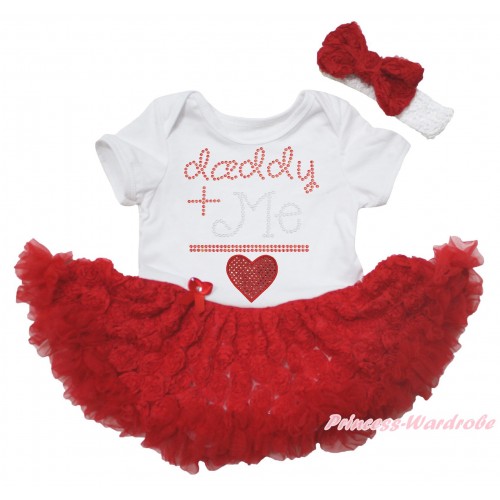 Valentine's Day White Baby Bodysuit Red Rose Pettiskirt & Sparkle Rhinestone Daddy Plus Me Is Sparkle Red Heart Print JS5566