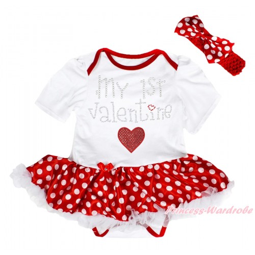 White Baby Bodysuit Jumpsuit Minnie Dots White Pettiskirt & Sparkle Rhinestone My 1st Valentine Sparkle Red Heart Print JS5567