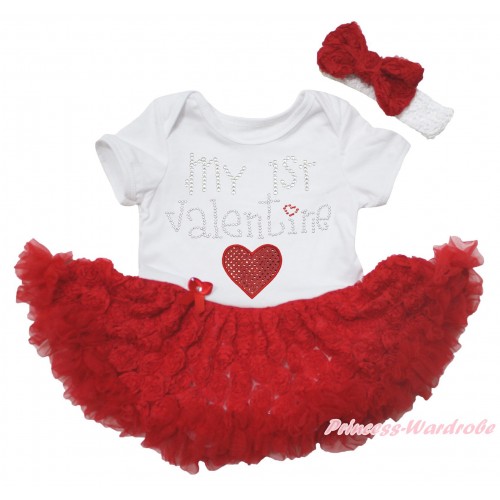 White Baby Bodysuit Red Rose Pettiskirt & Sparkle Rhinestone My 1st Valentine Red Heart Print JS5568