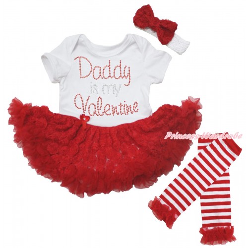 White Baby Bodysuit Red Pettiskirt & Sparkle Rhinestone Daddy Is My Valentine Print & Warmers Leggings JS5572