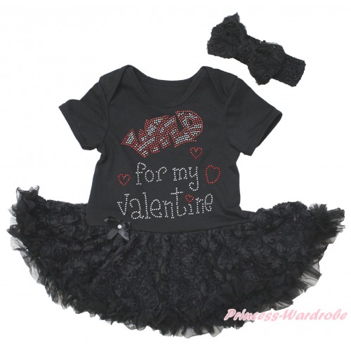 Valentine's Day Black Baby Bodysuit Black Rose Pettiskirt & Sparkle Rhinestone Wild For My Valentine Print JS5576