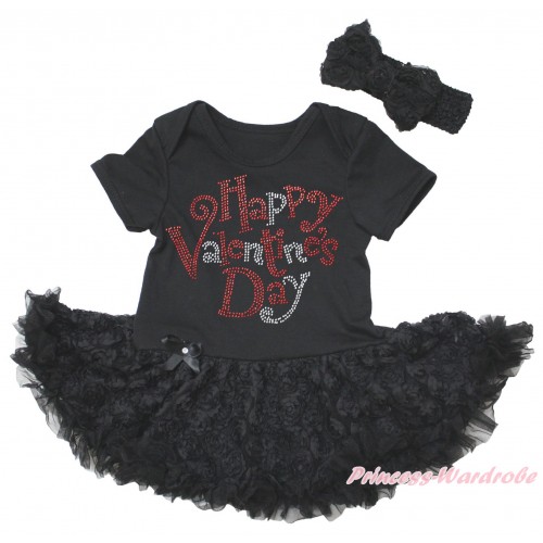 Valentine's Day Black Baby Bodysuit Black Rose Pettiskirt & Sparkle Rhinestone Happy Valentine's Day Print JS5578