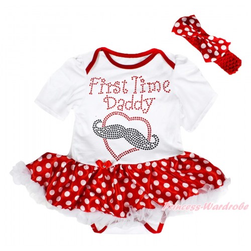 White Baby Bodysuit Jumpsuit Minnie Dots White Pettiskirt & Sparkle Rhinestone First Time Daddy Print JS5591