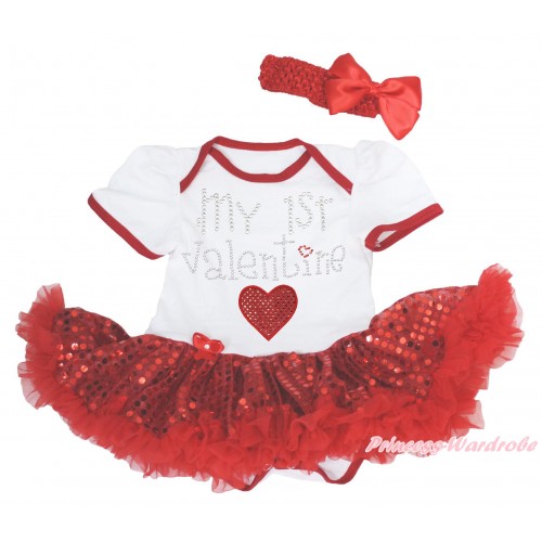 White Baby Bodysuit Bling Red Sequins Pettiskirt & Sparkle Rhinestone My 1st Valentine Sparkle Red Heart Print JS5593