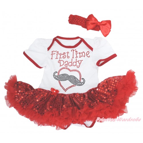 White Baby Bodysuit Bling Red Sequins Pettiskirt & Sparkle Rhinestone First Time Daddy Print JS5594
