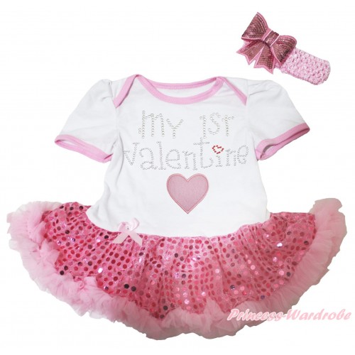 White Baby Bodysuit Bling Light Pink Sequins Pettiskirt & Sparkle Rhinestone My 1st Valentine Sparkle Light Pink Heart Print JS5595