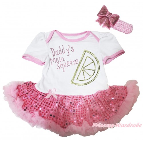 White Baby Bodysuit Bling Light Pink Sequins Pettiskirt & Sparkle Rhinestone Daddy's Main Squeeze Print JS5596