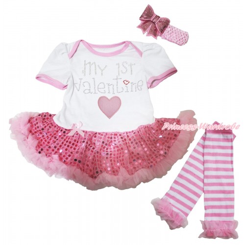 White Baby Bodysuit Bling Light Pink Sequins Pettiskirt & Sparkle Rhinestone My 1st Valentine Sparkle Light Pink Heart Print & Warmers Leggings JS5597