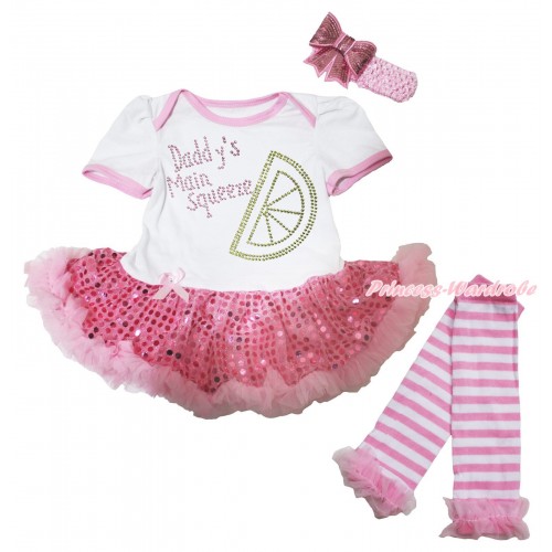 White Baby Bodysuit Bling Light Pink Sequins Pettiskirt & Sparkle Rhinestone Daddy's Main Squeeze Print & Warmers Leggings JS5598