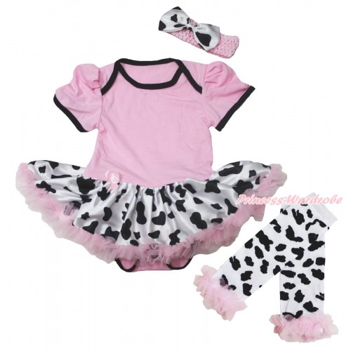 Light Pink Baby Bodysuit Milk Cow Pettiskirt & Warmers Leggings JS5599