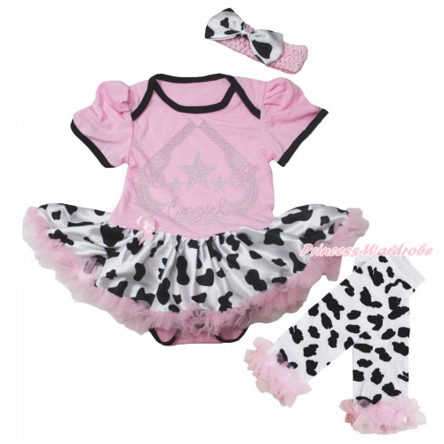 Light Pink Baby Bodysuit Milk Cow Pettiskirt & Sparkle Rhinestone Cowgirl Print & Warmers Leggings JS5600