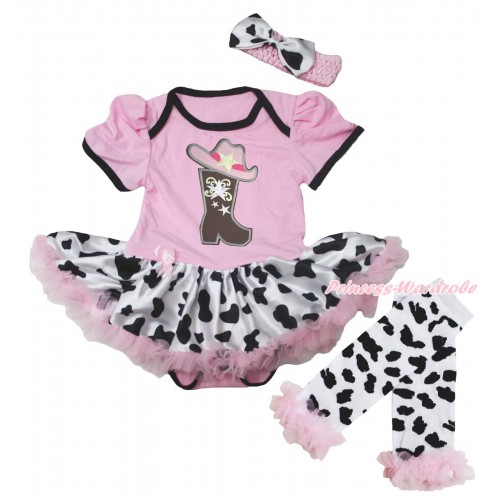 Light Pink Baby Bodysuit Milk Cow Pettiskirt & Cowgirl Hat Boot Print & Warmers Leggings JS5601