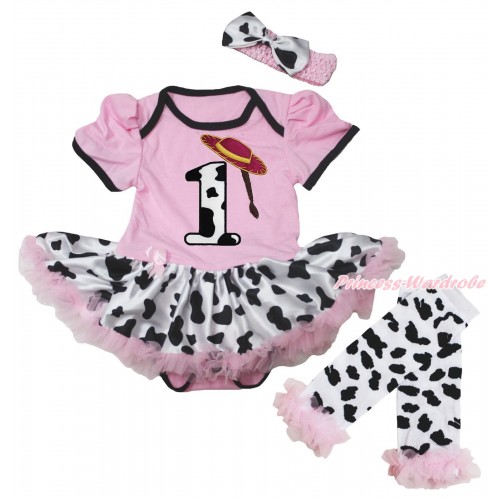 Light Pink Baby Bodysuit Milk Cow Pettiskirt & 1st Cowgirl Hat Braid Milk Cow Birthday Number Print & Warmers Leggings JS5603