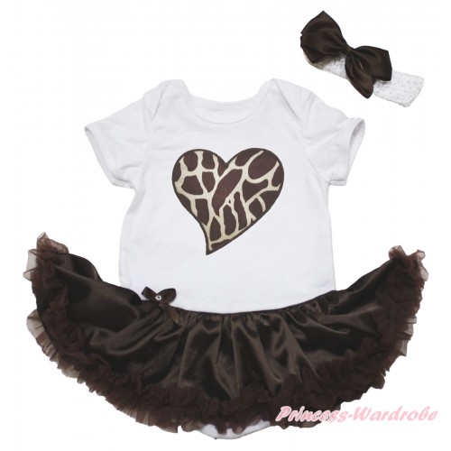 White Baby Bodysuit Jumpsuit Brown Pettiskirt & Giraffe Heart Print JS5606