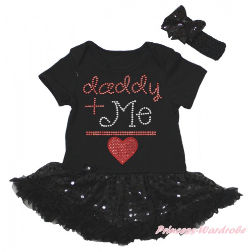 Black Baby Bodysuit Jumpsuit Bling Black Sequins Pettiskirt & Sparkle Rhinestone Daddy Plus Me Is Red Heart Print JS5615